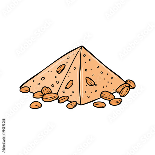Hand drawn cartoon illustration of a pyramid shaped pastry with nuts scattered around