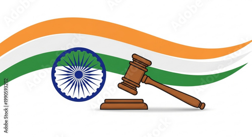 Indian law and justice concept gavel and Ashoka Chakra symbol against the backdrop of the Indian flag representing legal system and government