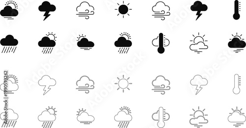 Hand-drawn weather icons: a collection of silhouette-style meteorological symbols