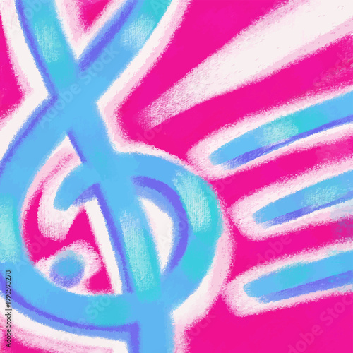 Blue tremble clef on white staff against fuchsia background symbolizing stylized Norwegian flag; digital pastel painting and vector illustration for Norway's music playlist, podcast, radio covers.