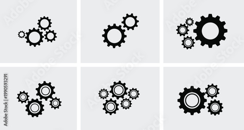 Gear icons set cogwheel settings mechanism engineering process technology system outline vector collection minimal modern industrial symbols