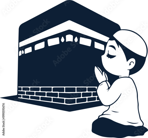 Muslim child praying towards kaaba, mecca, with hands clasped prayer