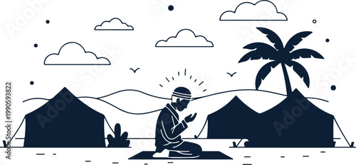 Silhouette of a muslim man praying on a rug in a desert camp with tents, palm tree, and clouds under a starry sky