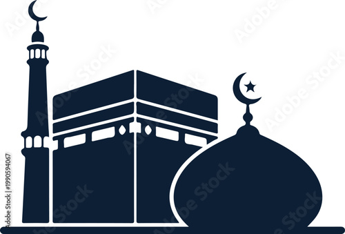 Silhouette of kaaba and mosque minaret with crescent moon and star, islamic architecture