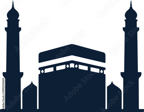 Silhouette of the kaaba in mecca with flanking minarets, islamic architectural mosque architecture
