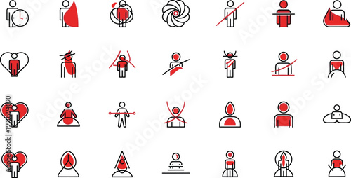 Health awareness icons set heart care medical symptoms warning protection people outline vector collection minimal modern healthcare symbols