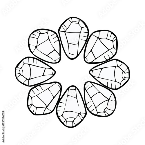 Seven faceted gemstones arranged in a circular floral pattern in black outline