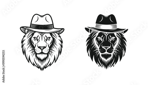 Lion head character wearing fedora hat in vintage vector illustration style for creative projects