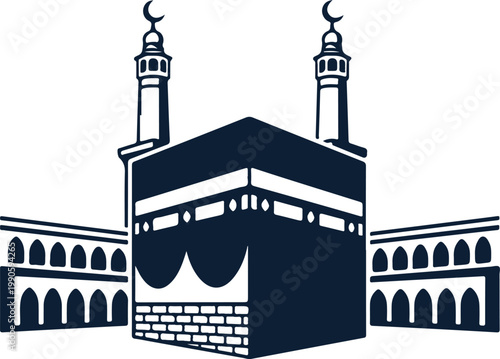 Stylized dark blue of the kaaba in mecca with minarets and surrounding arched structures against a white background