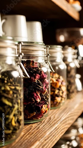 Variety of loose tea in glass jars on wooden shelf, including black tea and flower tea.