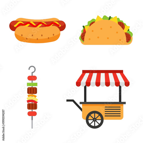 Street food assortment with hot dog taco skewer and food cart.