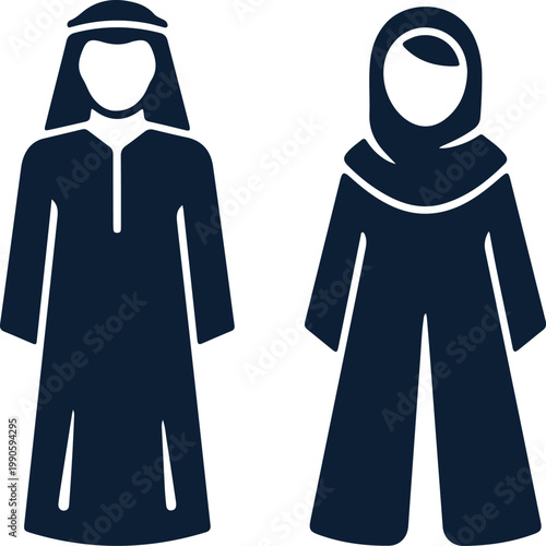 Stylized dark blue of a man in a thawb and ghutra, and a woman in a hijab and abaya, isolated on white