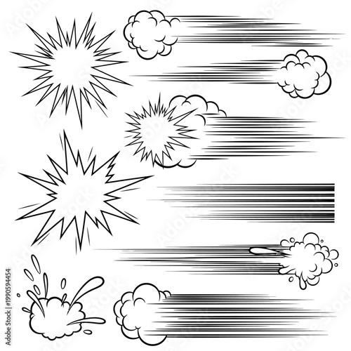 Картината върху платно Collection of comic book style speed lines and explosion effects.