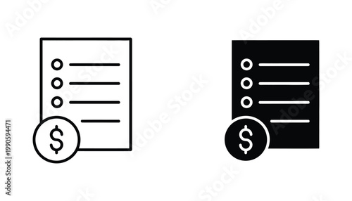 Financial invoice icon set featuring document list with dollar sign symbol in clean black and white vector graphic style for accounting and business management software and digital payment platforms