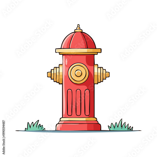 Bright Red Fire Hydrant With Yellow Accents Standing In Green Grass