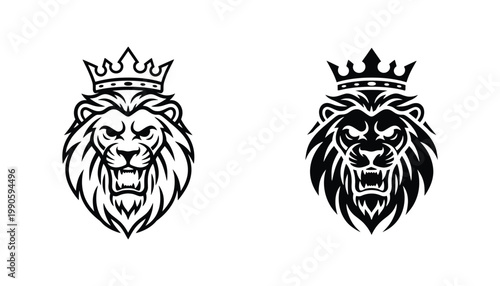 King lion mascot icon set featuring majestic lion wearing golden crown in intense roaring expression for powerful corporate branding and sports team logo design in bold black and white vector