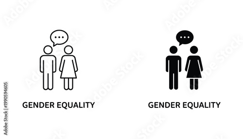 Gender equality icon set with male and female figures and speech bubble in outline and solid black styles for human rights and inclusivity campaigns