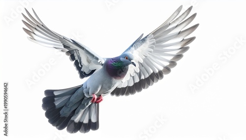 Pigeon in Flight on White Background
