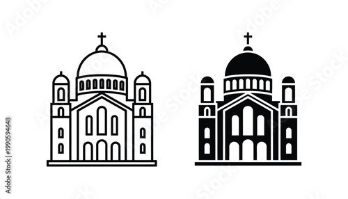 Cathedral church building with cross atop dome vector icon set in outline and solid black styles for religious architecture and historical site projects
