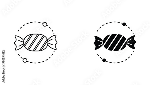 Wrapped candy treat with decorative circular frame vector icon set in outline and solid black styles for confectionery and snack branding