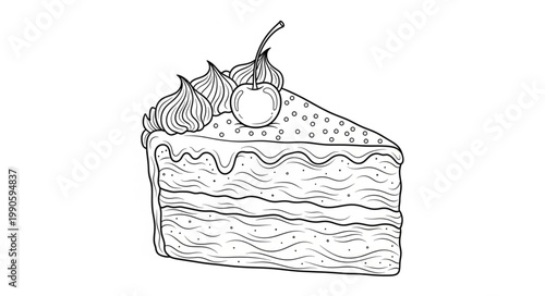 Hand drawn slice of cake with cherry and cream.