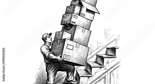 Man carrying a tall stack of moving boxes up stairs.