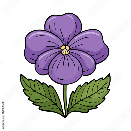 Hand-drawn purple pansy flower with green leaves and stem on white background