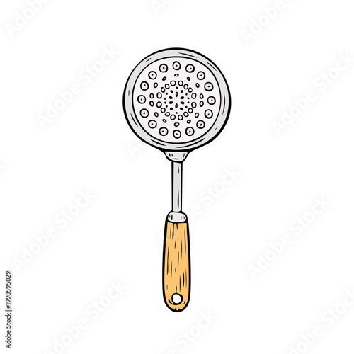 Hand drawn illustration of a kitchen skimmer utensil with a wooden handle and perforated metal head