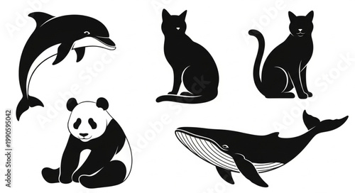 Set of five animal silhouettes including a dolphin panda two cats and a whale.