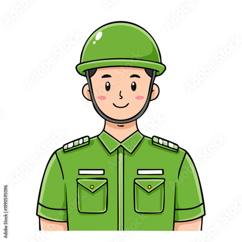 Friendly Cartoon Soldier in Green Uniform Wearing Helmet Portrait