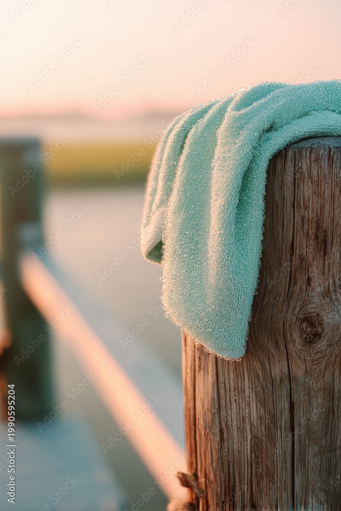 Fototapeta premium Turquoise towel hanging on a wooden post by the ocean at sunset. Summer vacation accessory for drying after swimming. Relaxing seaside lifestyle concept for travel or leisure background.