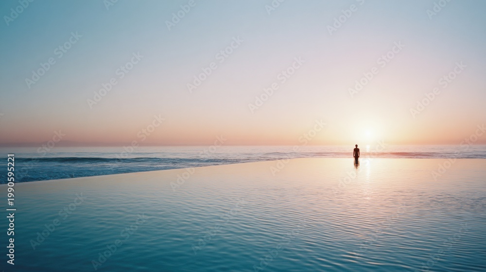 Naklejka premium Woman standing in infinity pool overlooking ocean at sunset. Concept of peace, tranquility and luxury travel destination. Meditative moment at water edge during golden hour reflection.
