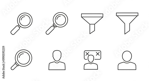 Magnifying glass and filter icons representing search and data filtering.