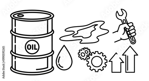 Oil barrel with tools and rising arrows illustration.