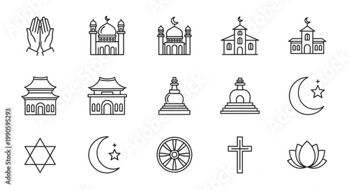 Collection of religious symbols and places of worship icons.