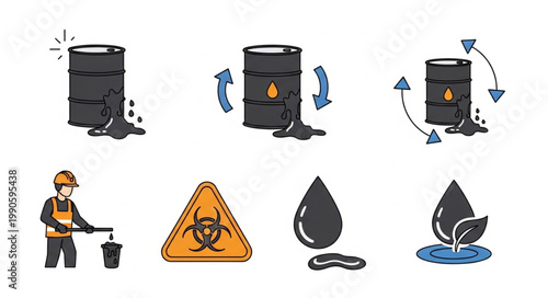 Set of icons representing oil spill and cleanup operations.