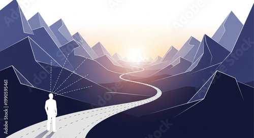 Man stands on road in mountains looking at sunrise.