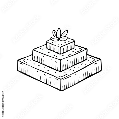Hand drawn sketch of a layered dessert with leafy garnish isolated on white background