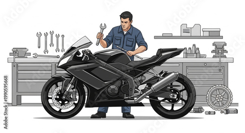 Mechanic Working on a Black Sport Motorcycle in a Garage Workshop.