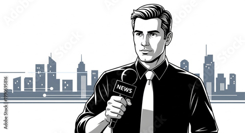 News reporter holding microphone in front of city skyline illustration.