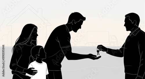 Man handing keys to another man with family watching.