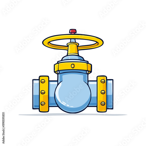 Illustration of a blue and yellow pipeline valve with a handwheel for water control
