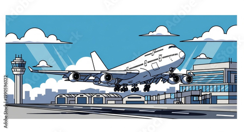 Airplane taking off from airport with control tower and buildings.