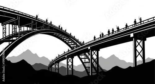 Silhouetted figures crossing a large bridge structure with mountains in the background.
