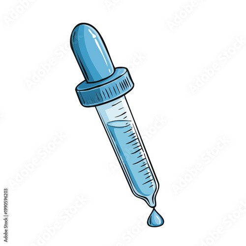 Hand drawn illustration of a blue glass eyedropper dispensing a single drop of blue liquid