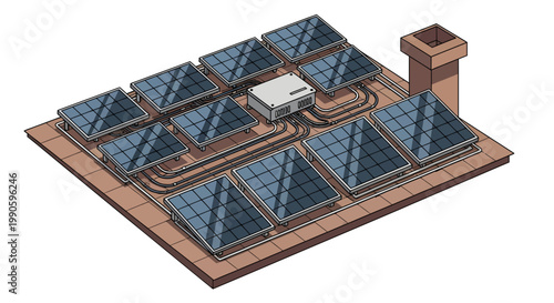 solar panel roof with chimney and tubes isometric view