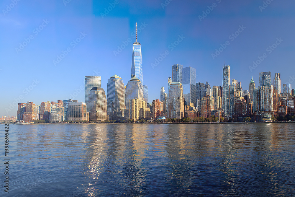 Fototapeta premium Modern city skyline with tall skyscraper buildings reflecting on calm water under clear blue sky during daytime, showcasing urban architecture and waterfront view