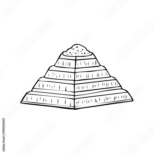 Hand drawn tiered pyramid structure with granular material on top black and white illustration