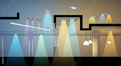 Various ceiling lights illuminating a room with different colored beams.