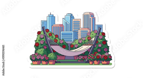 City skyline with hammock and flowers, urban oasis concept